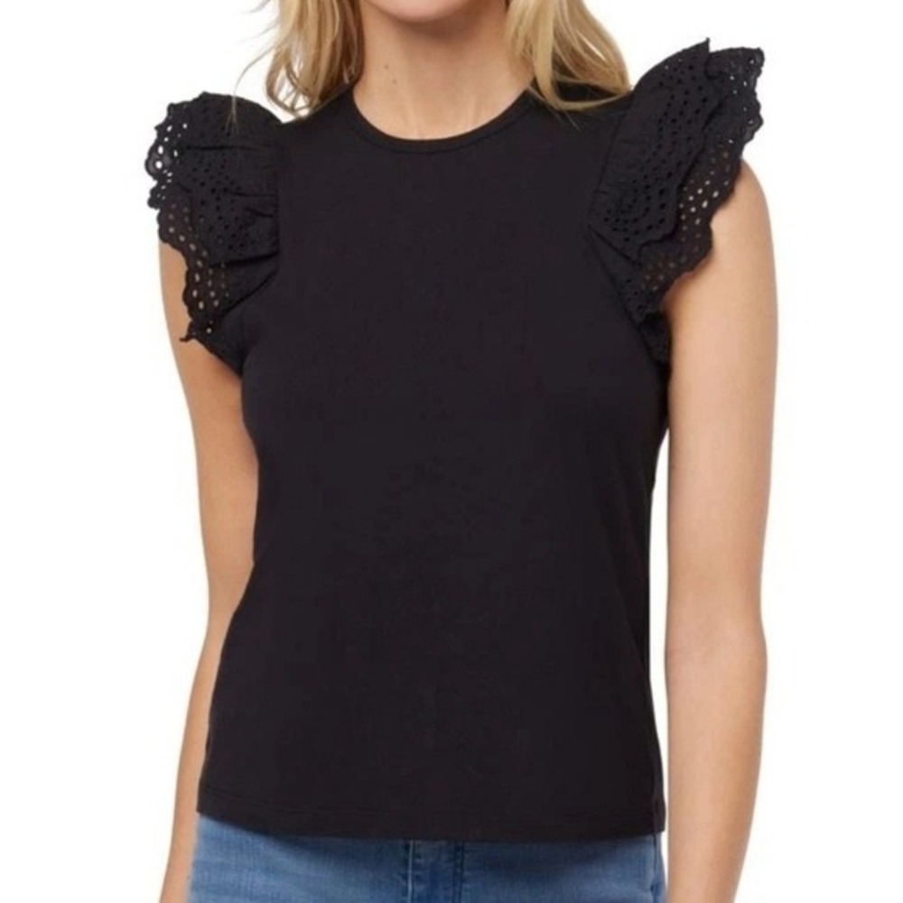 Joe's Jeans Black Eyelet Ruffle Cap Sleeve Cotton Top Large 45JW2SS1124